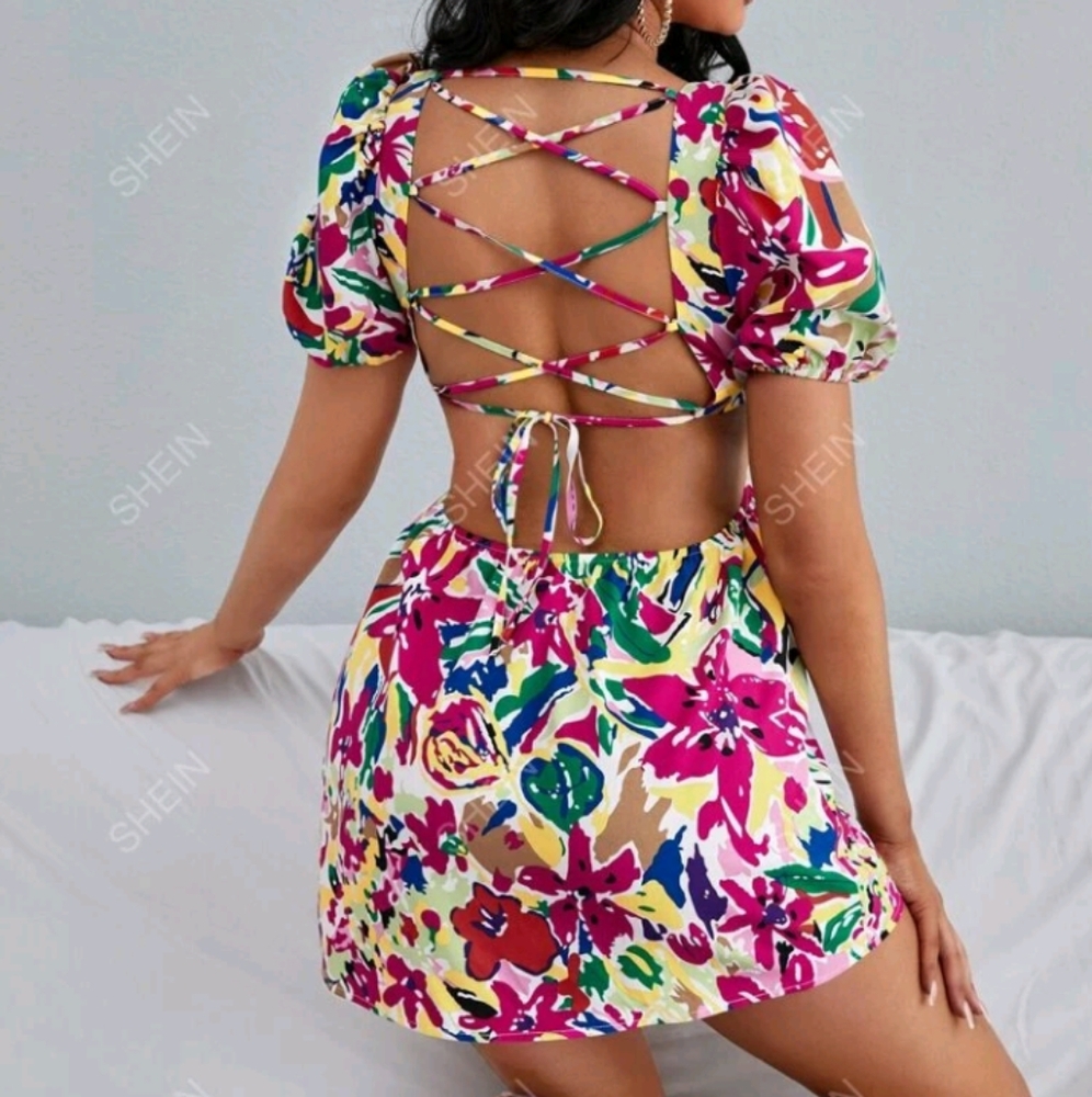 SEXY Floral Print Lace Up Back Puff Sleeve Square Neck Dress